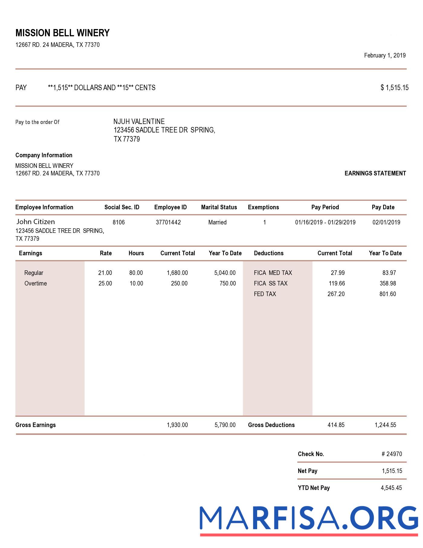 Realistic USA Mission Bell Winery earning statement download for verification